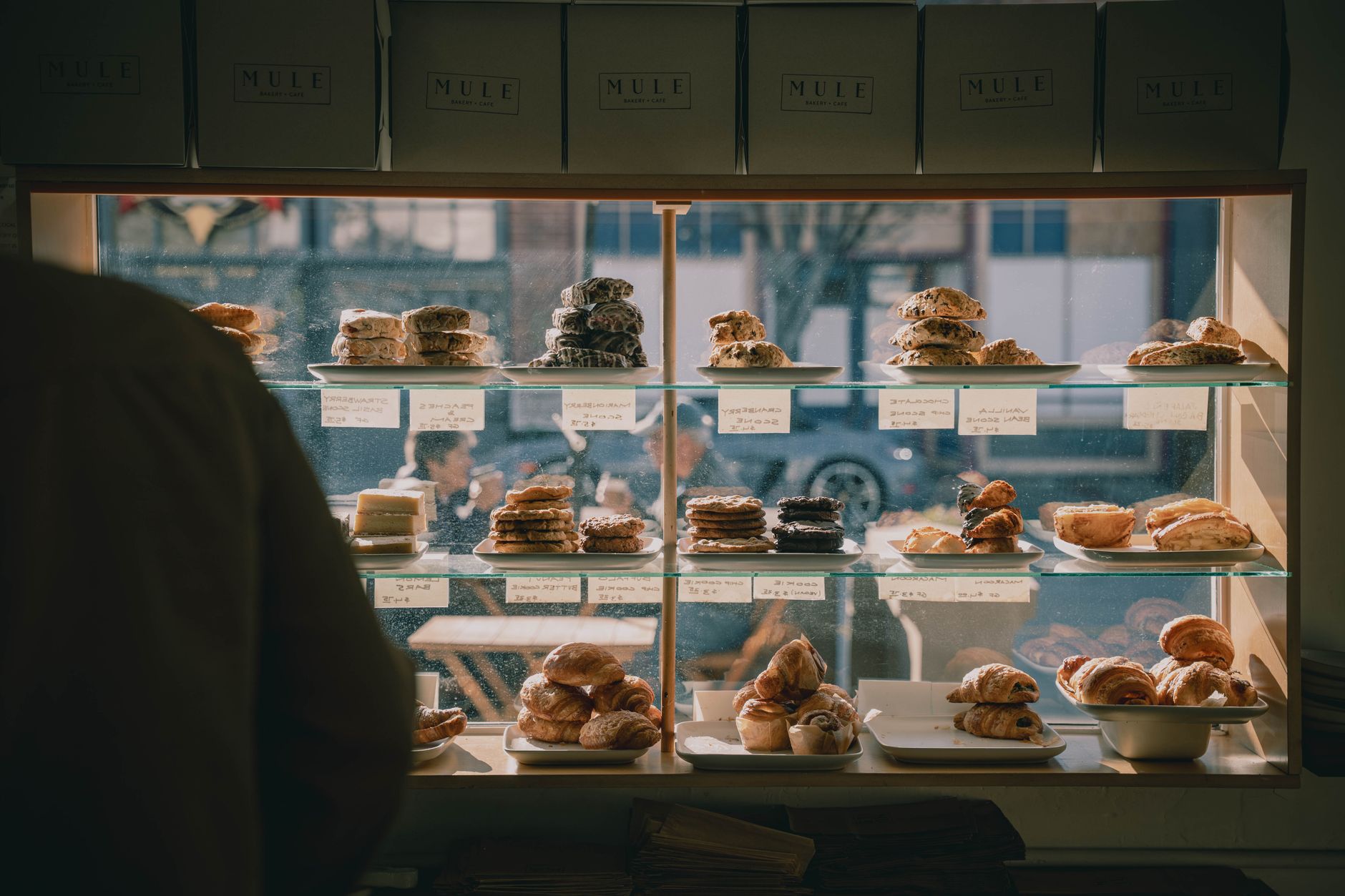 A bakery counter with fresh bread, as a post background